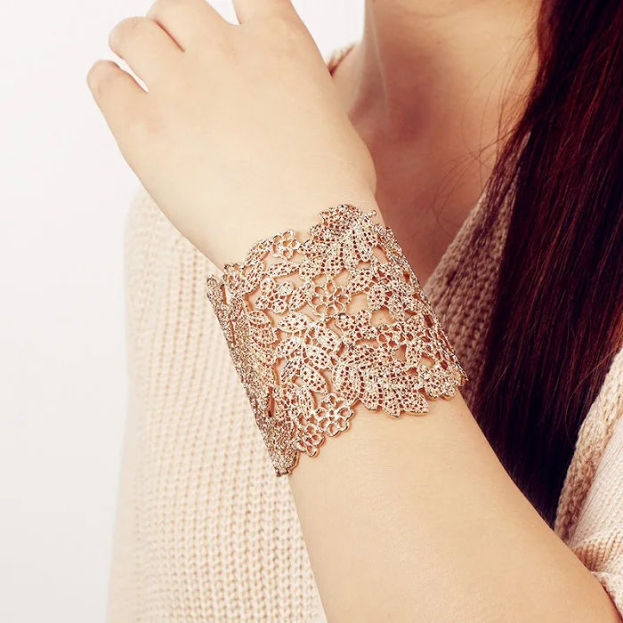 Golden Lace Bracelet Leaf Boho Openwork Alloy