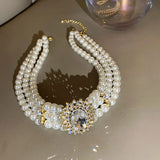Alloy Pearl Crystal Glass Hepburnesque Flower Necklace Choker