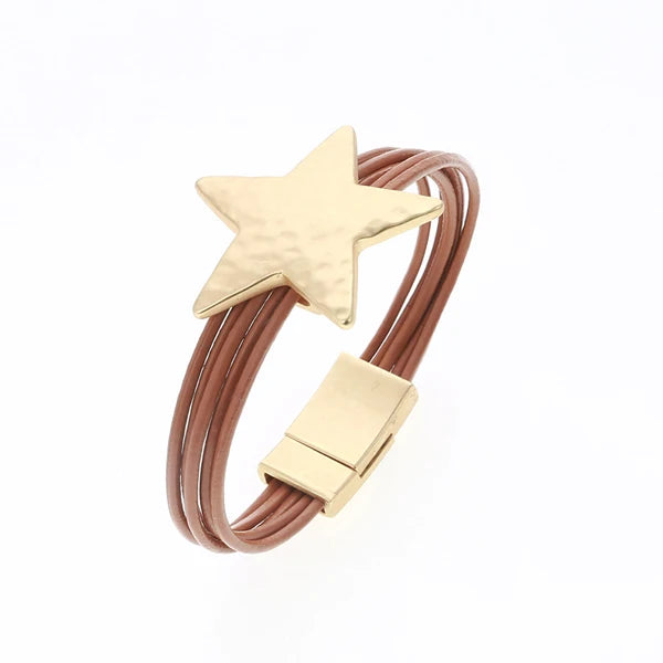 Star Charm Leather Bangle Bracelet for Women