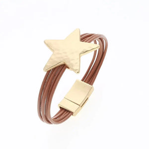 Star Charm Leather Bangle Bracelet for Women