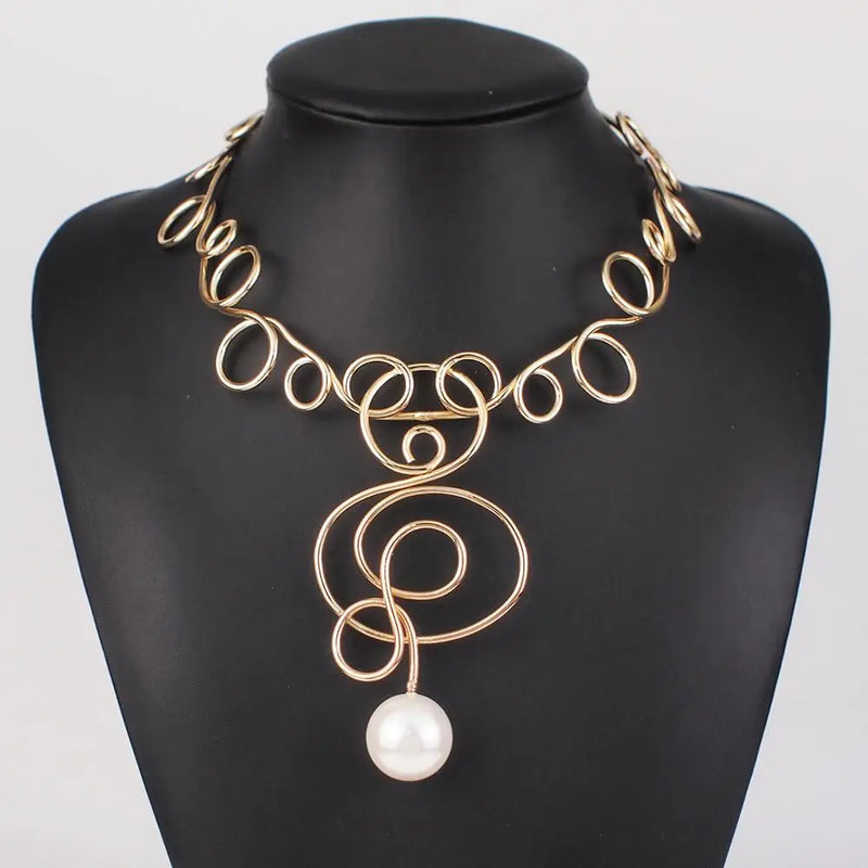 Alloy Torque Choker Necklace Women Simulated Pearl Big Collar Statement Jewelry