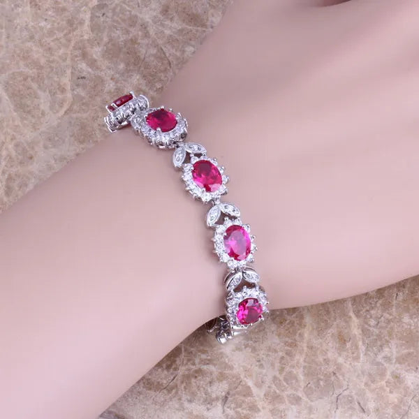 Red CZ Silver Chain Bracelet 7 inch