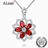 Almei 2.5CT Red Garnet Sunflower Pendant Necklace 925 Sterling Silver