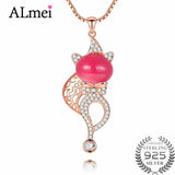 Almei 925 Sterling Silver Pink Chalcedony Fox Animal Pendant Necklace
