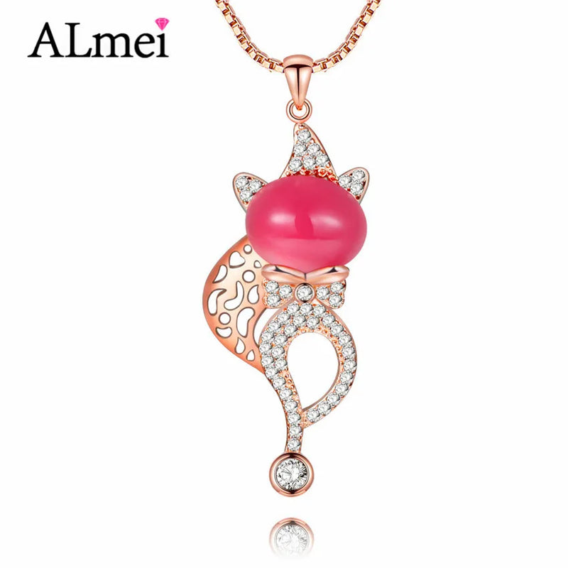 Almei 925 Sterling Silver Pink Chalcedony Fox Animal Pendant Necklace