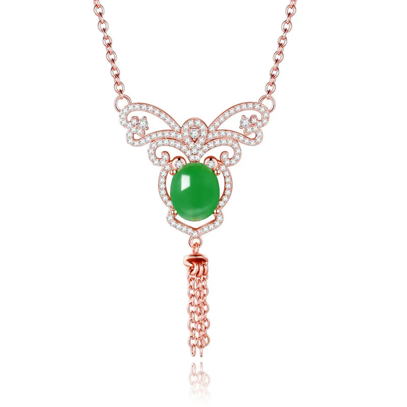 Almei 2ct Green Chalcedony Butterfly Pendant Necklace Tassel Rose 925 Silver