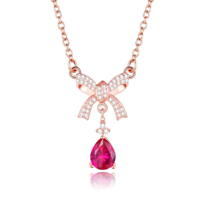 Almei 2ct Red Corundum Bow Necklace 925 Sterling Silver Delicate Necklace