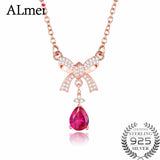 Almei 2ct Red Corundum Bow Necklace 925 Sterling Silver Delicate Necklace