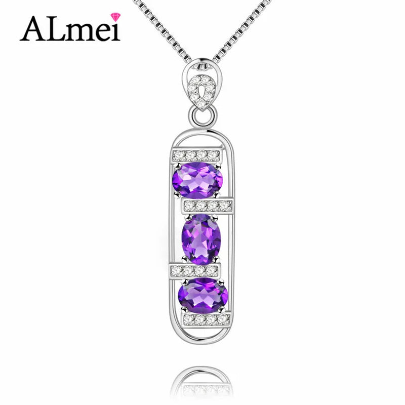 Almei 3pcs 0.4ct Amethyst Purple Bar 925 Sterling Silver Necklace