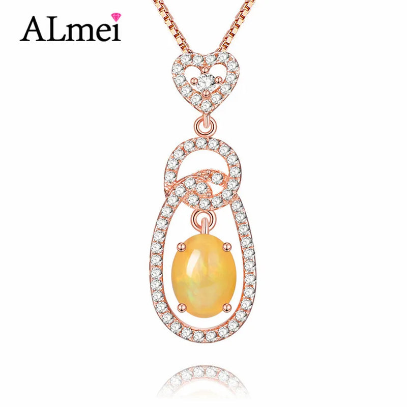 Almei 0.6ct Opal Pendant Necklace 925 Silver Rose Fine Jewelry