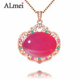Pink Chalcedony Pendant Necklace 925 Sterling Silver Rose Plated Retro Jewelry