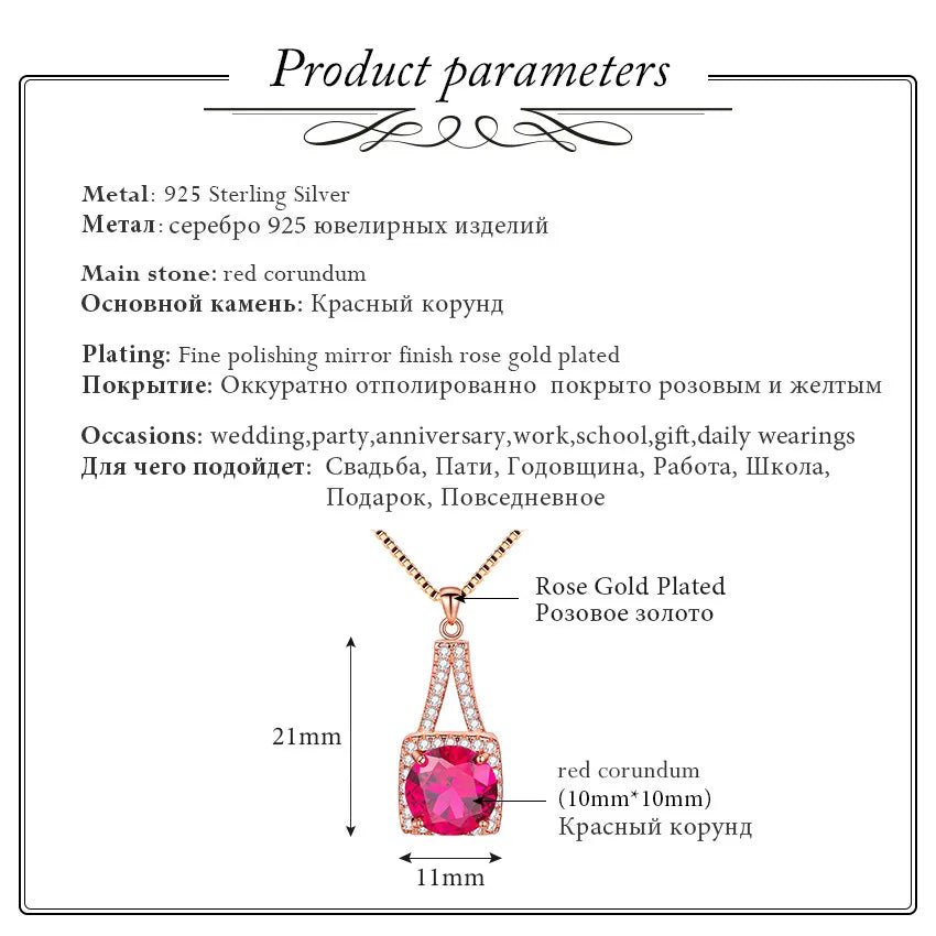 Almei Silver 925 Red Corundum Rhinestone Pendant Necklace for Women