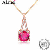 Almei Silver 925 Red Corundum Rhinestone Pendant Necklace for Women