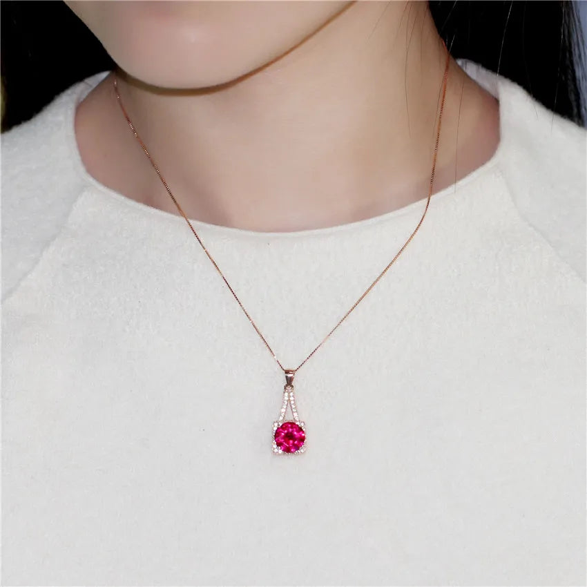 Almei Silver 925 Red Corundum Rhinestone Pendant Necklace for Women