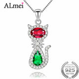 Almei Red Green Cat Pendant Diopside Necklace 925 Sterling Silver CN033
