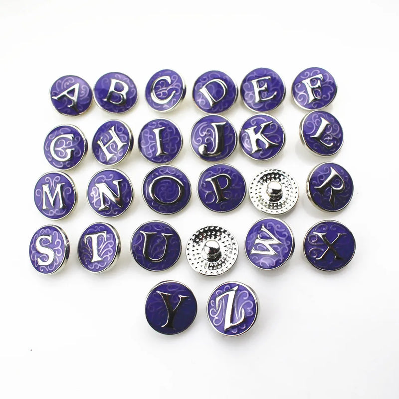 A-Z Purple Enamel Charms Letters Snap Button DIY Jewelry