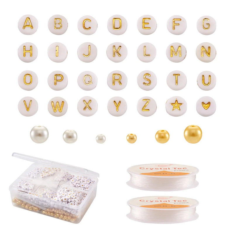Alphabet Acrylic Beads Round Glass Pearl Bead with Elastic Thread