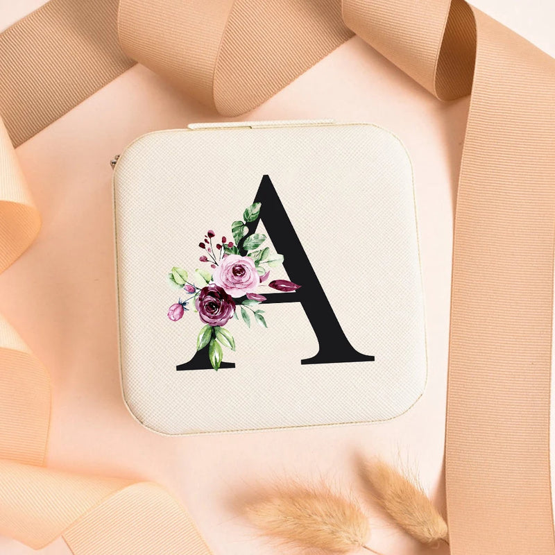 Alphabet Rose Flower Jewelry Box Zipper Travel Case Storage