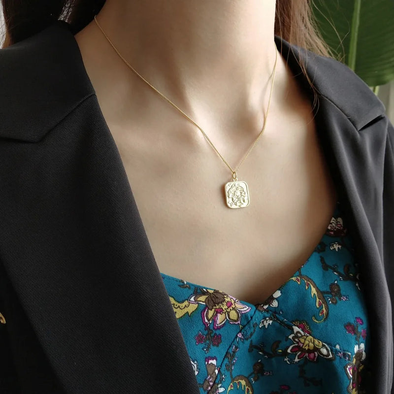 925 Sterling Silver Square Card Necklace Clavicle Chain Pendant