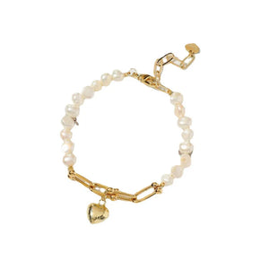 14K Baroque Pearl Bracelet Heart Charm Bangle for Women