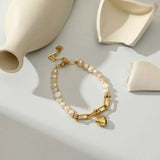 14K Baroque Pearl Bracelet Heart Charm Bangle for Women