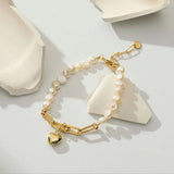 14K Baroque Pearl Bracelet Heart Charm Bangle for Women