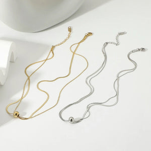 14K Double Snake Chain Round Bead Pendant Necklace