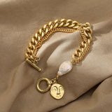 14K Baroque Pearl Bracelet Cuban Chain Bangle for Women