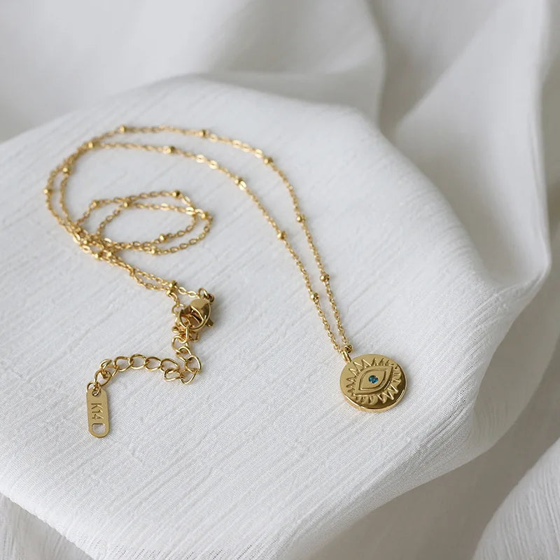 14K Evil Eye Coins Necklace Pendant with Crystal Chain for Women
