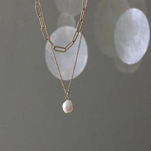 14K Baroque Natural Pearl Necklaces Double Chain Clavicle Necklace Boho Jewellry