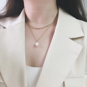 14K Baroque Natural Pearl Necklaces Double Chain Clavicle Necklace Boho Jewellry