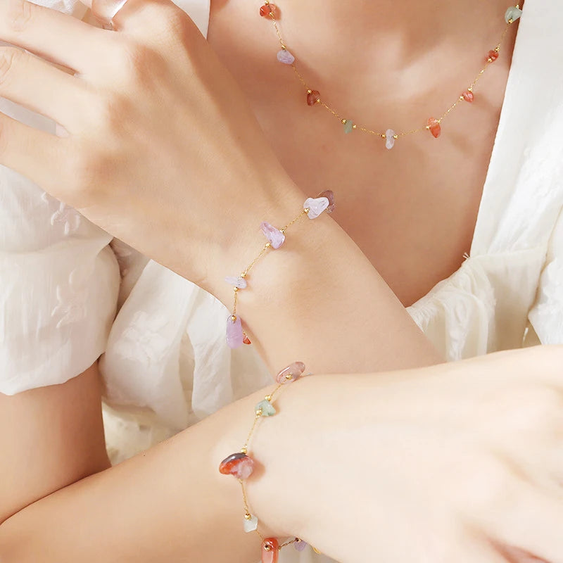 18K Colorful Ethnic Natural Stone Necklace Bracelet Set