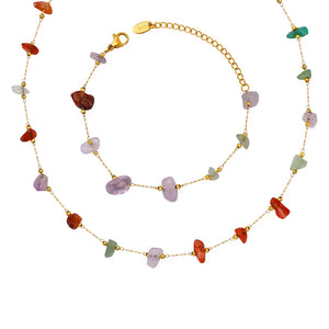 18K Colorful Ethnic Natural Stone Necklace Bracelet Set