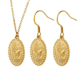 18K Court Style Retro Zircon Oval Necklace Earrings Set