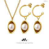 18K Boat Freshwater Pearl Pendant Necklace & Earrings Set