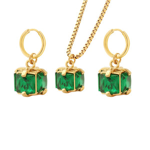 18K Emerald Zircon Necklace Earrings Set