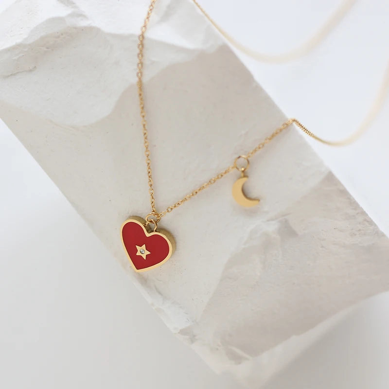 18K Red Heart Love Star Moon Chain Necklace Pendant