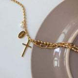 18K Cross Pearl Oval Lucky Bracelet Bead Chain