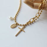 18K Cross Pearl Oval Lucky Bracelet Bead Chain