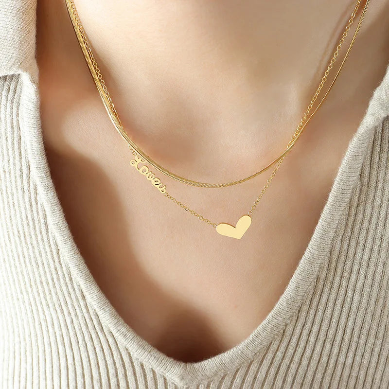 18K Double Layered Love Peach Heart Clavicle Chain Necklace for Girl