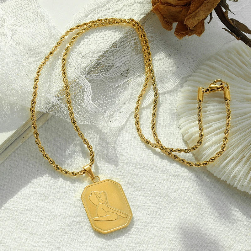 Geometric Square Pendant Necklace Rope Heavy Chunky Necklace