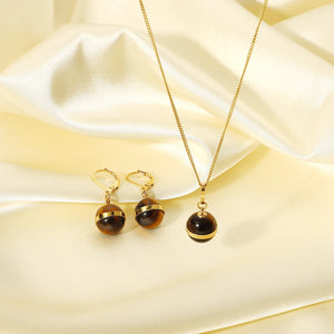 Vintage Tiger Eye Ball Pendant Necklace & Drop Earrings Set