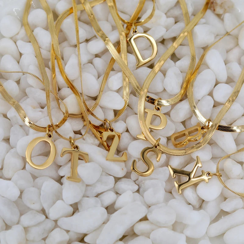 18K Flat Snake Bone Chain Letter Necklace Light Niche English 26 Letter Pendant