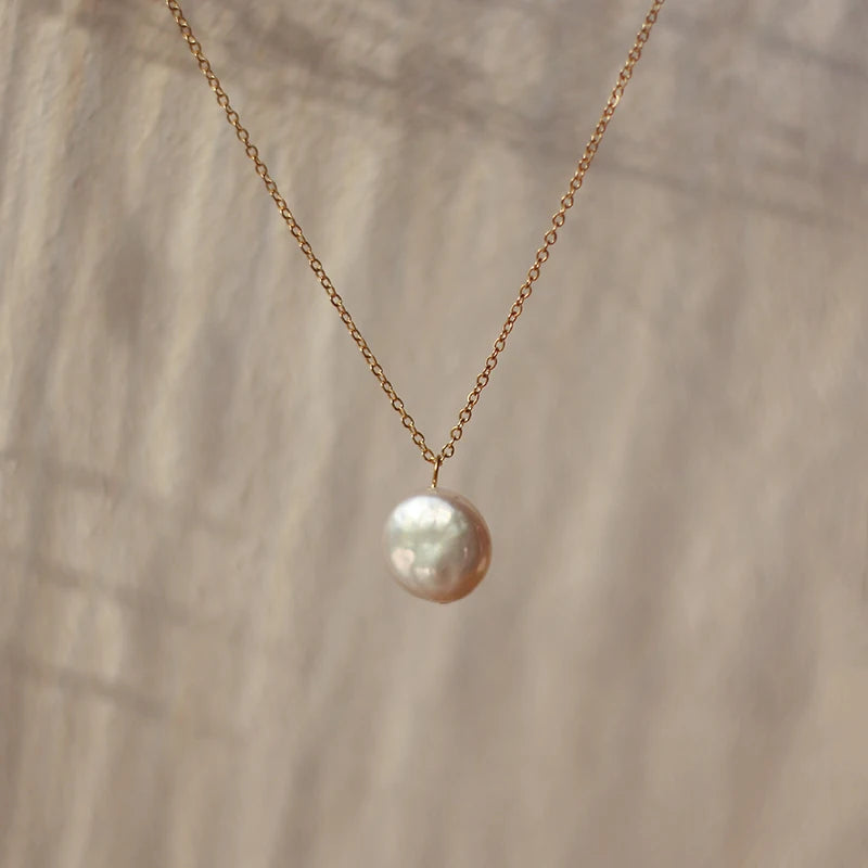18K Freshwater Pearl Flat Round Button Pearl Clavicle Chain Necklace Choker