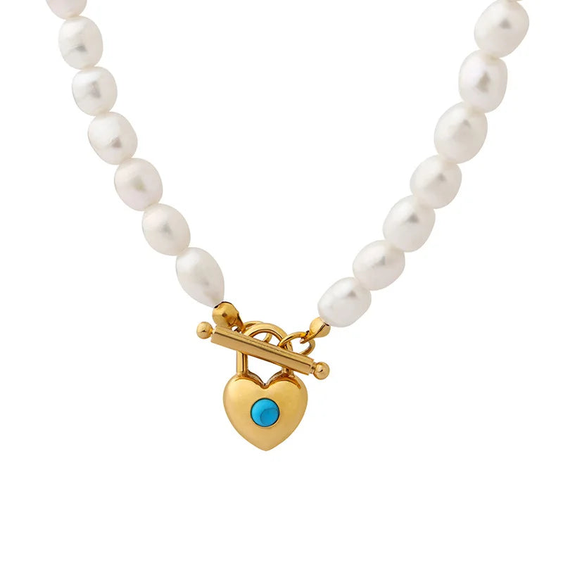 18K Pearl Heart Turquoise Buckle Pendant Necklace