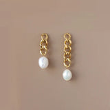 18K Freshwater Pearls Earrings Stud Asymmetrical Chain Long Drop Earrings