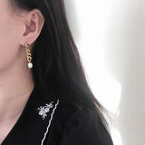 18K Freshwater Pearls Earrings Stud Asymmetrical Chain Long Drop Earrings