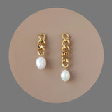 18K Freshwater Pearls Earrings Stud Asymmetrical Chain Long Drop Earrings