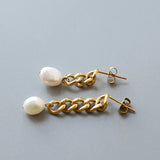 18K Freshwater Pearls Earrings Stud Asymmetrical Chain Long Drop Earrings