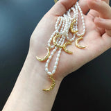 18K Freshwater Pearls Moon Clavicle Necklace Tin foil Folds Crescent Pendants